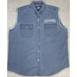 Harley Davidson Vintage Men's Button Up Gray Denim Sleeveless‎ Shirt Size XL